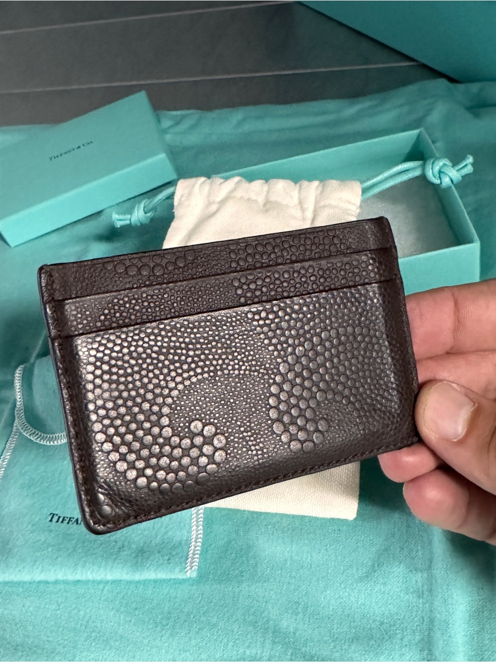 Tiffany & Co. waves Brown Textured Leather Card Holder
